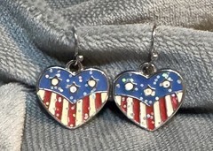 Vintage American Heart Dangle Earrings Silver Toned Red White Blue