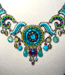 Ayala Bar Statement Necklace Turquoise Mosaic Beaded Bib Adjustable Signed 16.5″