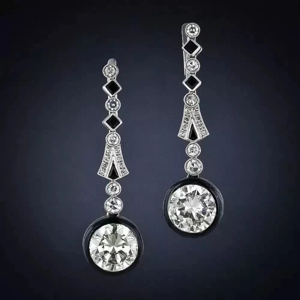 Art Deco Style Lab Created Diamond & Onyx Anniversary 14K White Gold FN Earrings