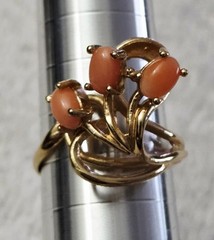 Vintage 18kt HGE Gold Plated Coral Statement Cocktail 7 1/2 Ring, SIGNED