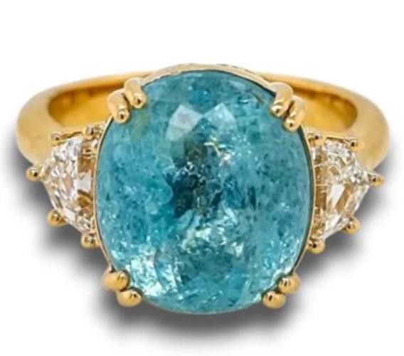 LARGE 8.79CT DIAMOND & AAA PARAIBA TOURMALINE 18K YELLOW GOLD 3D ENGAGEMENT RING