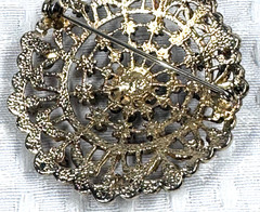 Vintage Brooch Turquoise Purple Rhinestone Faux Pearl Gold Tone Round 2″ Repair