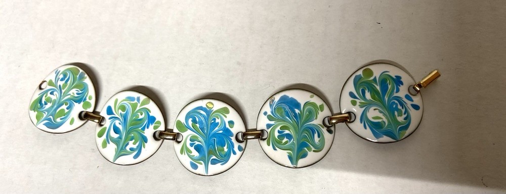 VINTAGE MCM- ENAMEL ON COPPER BRACELET- WHITE/BLUE/GREEN- SIGNED INGA
