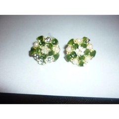 Vintage Signed Hobe Green Enamel Faux Pearl Clip Earrings CRAFT REPAIR As Is