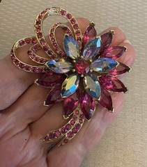 Vintage Signed Weiss Red Rhinestone Flower Brooch Cranberry Marquise Blue AB 3″