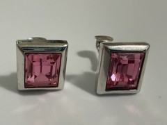 Vintage SAL Swarovski Pink Crystal Clip Earrings Emerald Cut Silver Tone Stamped