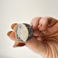 JTV Sterling Silver Ring Marcasite Quartz Wide Art Deco size 8.5 Marquise BBJ