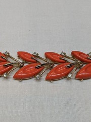 Vintage Thermoset Style Leaf Bracelet Coral Orange Gold Tone Rhinestone ~6.5″