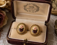 Vintage 1928 Gold Tone Floral Porcelain Rose Oval Stud Earrings Victorian