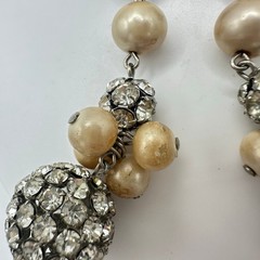 Vintage silver tone clear rhinestones faux pearls dangle drop clip on earrings