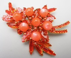 JULIANA DELIZZA & ELSTER ORANGE RHINESTONE MOONGLOW LUCITE BROOCH & EARRINGS SET