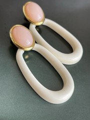 Vintage Signed Trifari White Lucite Pink Cabochon Dangle Clip On Gold Tone