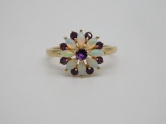 SWEET VINTAGE 14K YELLOW GOLD FIERY FIRE OPAL AMETHYST STONE RING SIZE 6
