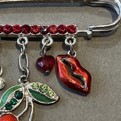Vtg Lucky Charm Safety Pin Brooch Lips Heart Cherries Ladybug Nature Love & Luck