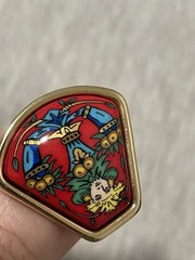 Hermès Vintage Enamel Clip-On Earrings Red with Tribal Figure Design Gold Tone