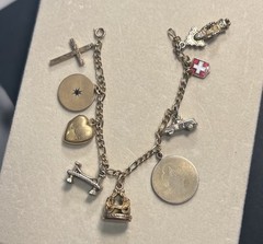 Vintage 7″ 12K GF Gold Filled Charm Bracelet 9 Charms Old Locket Fob 32g H6