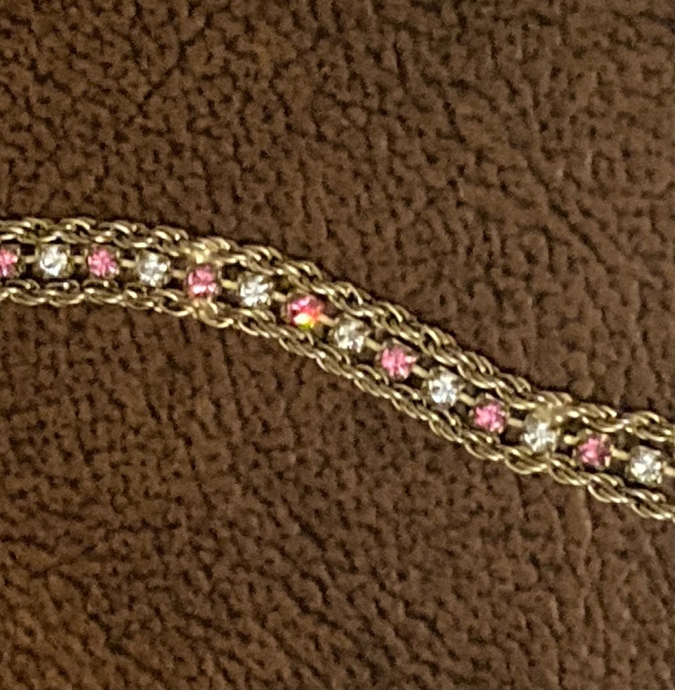 Vintage Pink & Clear Rhinestone Tennis Bracelet Gold Tone 3 Strand 7″ L