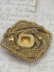 Large Brooch Goldtone Knotted Rope Clear Center Rhinestone VINTAGE 90s