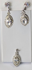 VTG Weiss Rhodium Plated Clear Rhinestone Drop Screw on Earrings & Pendant Set