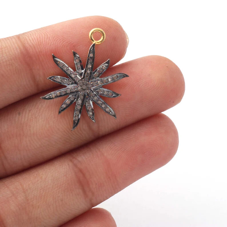 1 Pc Pave Diamond Sun Charm 925 Sterling Vermeil Pendant ,Diamond Findings,