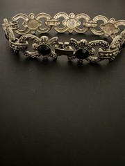 Vintage 7.5” Silver Tone Marcasite And Black Stone Art Deco Bracelet Unsigned