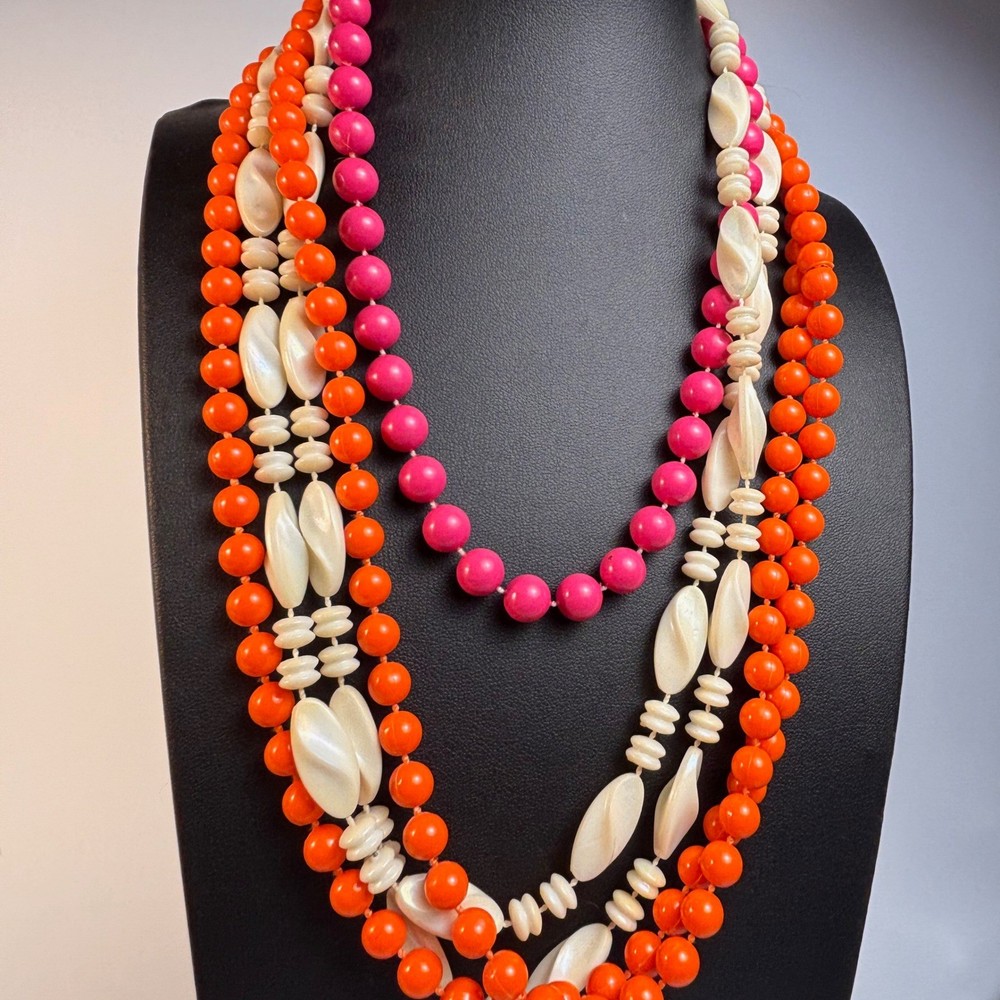 Vintage Beaded Necklace Orange Pink White Acrylic Kidcore Boho Statement Layered