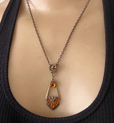 Vintage Lavalier Necklace Art Deco Pendant W/ Antique Amber Topaz Czech Glass