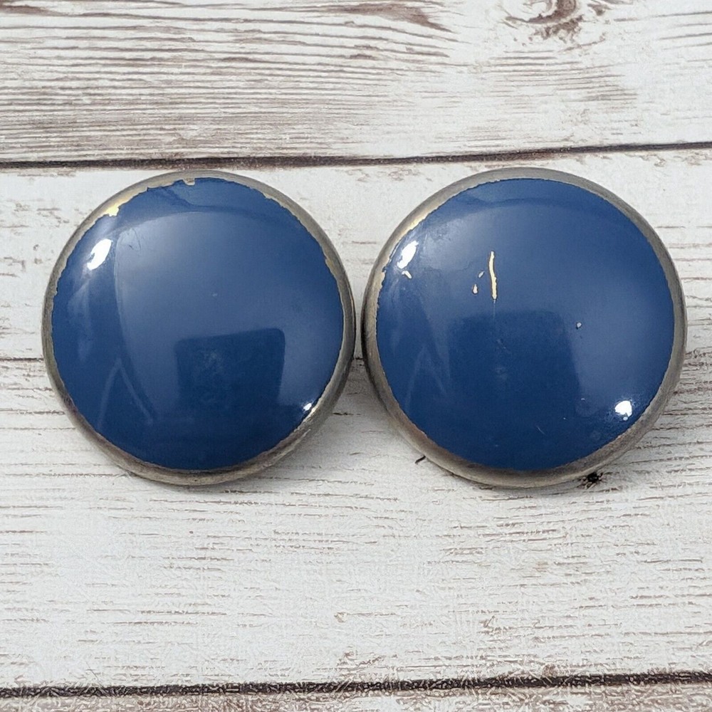 Vintage Clip On Earrings – 1 & 1/8″ Blue Large Circle – Paint Chipping