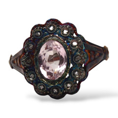 French Antique Pink Tourmaline Diamond Halo Ring 18K Yellow Gold Silver Size 7
