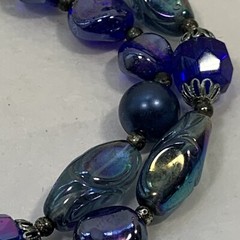 Vintage TRIFARI Cobalt Blue Glass Bead Necklace 2 Tier Peacock Iridescent Silver