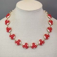 Vintage Floral Necklace Round Link Red Flowers White Discs 22″