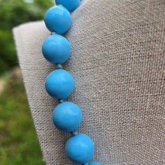 Vintage German Glass Bead Statement Necklace Hand knotted Sky Blue 15.5 in. +2in