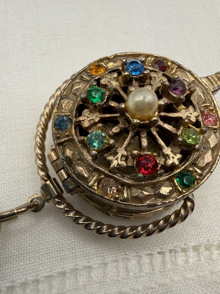 Vintage Flower Basket Charm Bracelet Gold Tone Rhinestones Victorian Revival
