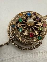 Vintage Flower Basket Charm Bracelet Gold Tone Rhinestones Victorian Revival