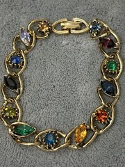 Vintage Rhinestone Bracelet Multi Color Blue Green Purple Gold Tone 7”