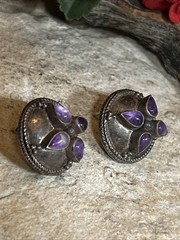 36. Vintage Tribal 925 Sterling Amethyst Stone Button Stud Earrings 21mm, 10.4g