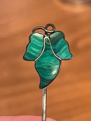 Antique Victorian Sterling Silver Malachite Ivy Leaf Stick Pin – 1880s Scottish