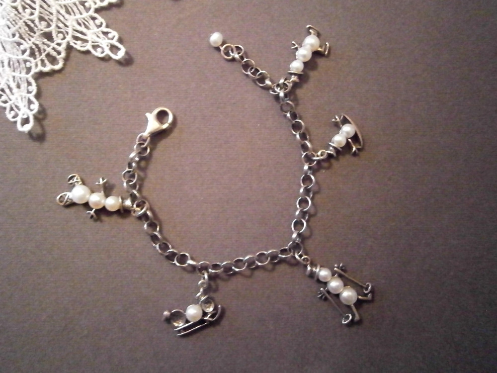Vtg Shube’s 925 Sterling Faux Pearl Snowman Winter Sports Charm Bracelet AS IS