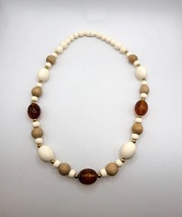 Vintage off white light wood and brown marbled amber colored beaded necklace