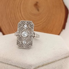 Art Deco Filigree Ring Vintage Style Engagement Cocktail Ring 14K White Gold FN