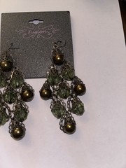 Retro Antiqued Bronze Tone Green Chandelier Dangle Earrings Glass Beads Filigree