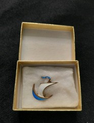 Enameled Sailing Ship Brooch, Pin. Blue and White