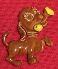 Set Of Vintage Enamel Happy Fetching Dog BROOCH PIN Cute Brown Yellow Bones