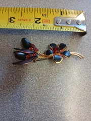 Vintage Austria Floral Brooch Black Red Enamel Rhinestone Gold Tone