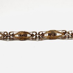 STERLING SILVER bracelet filigree scrolled panel links tiny coral glass cabs 10g
