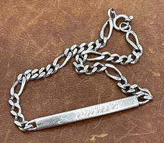 Vintage Sterling 925 Engraved Name”Renato 13-2-45” Figaro Chain Bracelet 8.5” In