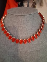 Vintage red celluloid stylized leaf abstract necklace, 16″, articulated