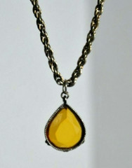 Vintage Antique Tone Weave 17 in Necklace with Amber Stone Tear Drop Charm