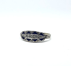 Art Decó 18kt Gold Band Ring With Diamonds and Blue Enamel – 836