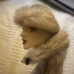 Vintage ‘Porcelain’ Lady’s Face Brooch, 5” Real Rabbit Fur Hat Profile Doll Pin